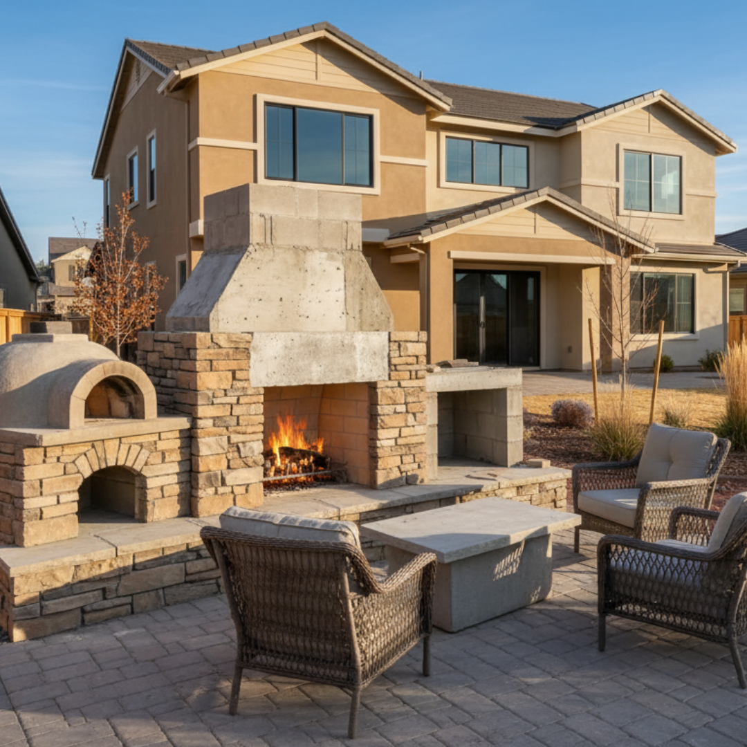 Outdoor fireplace and pizza oven installation in Reno NV backyard entertainment area