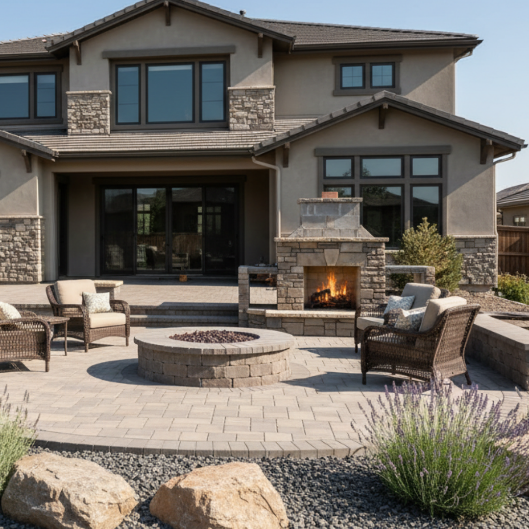 Backyard outdoor fireplace and patio design creating an outdoor living space in Reno NV