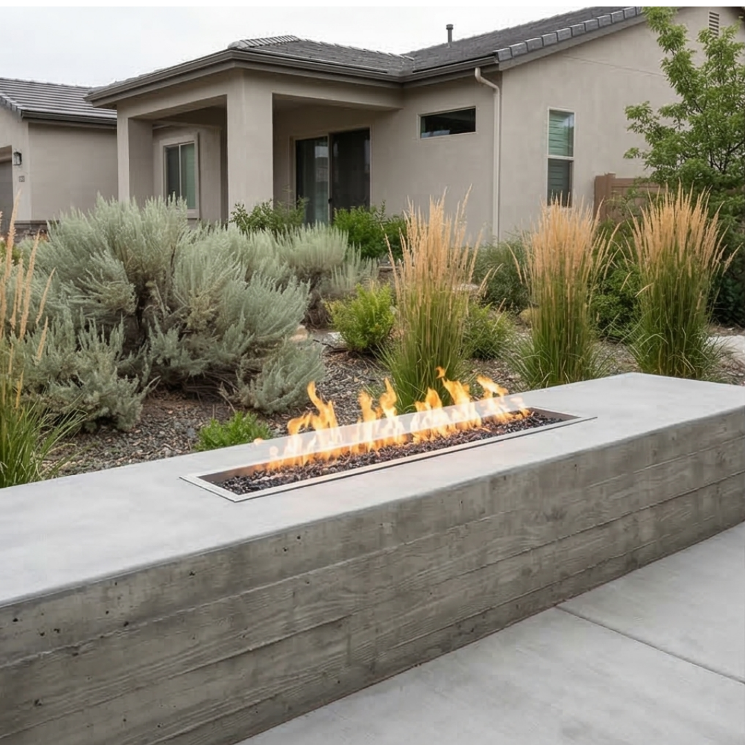 Linear gas fire feature integrated into modern landscape design in Reno NV