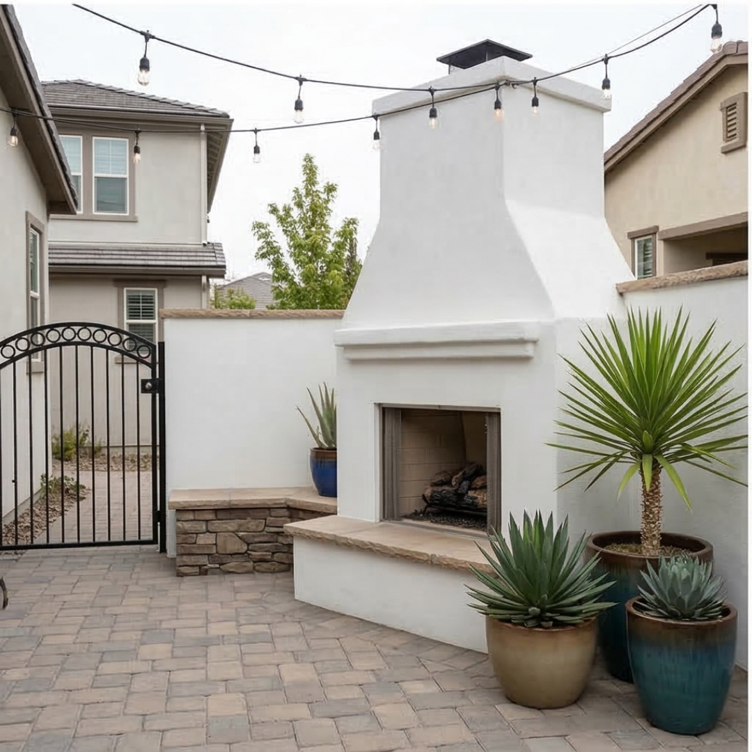 Modern stucco outdoor fireplace design installed in Reno NV backyard patio