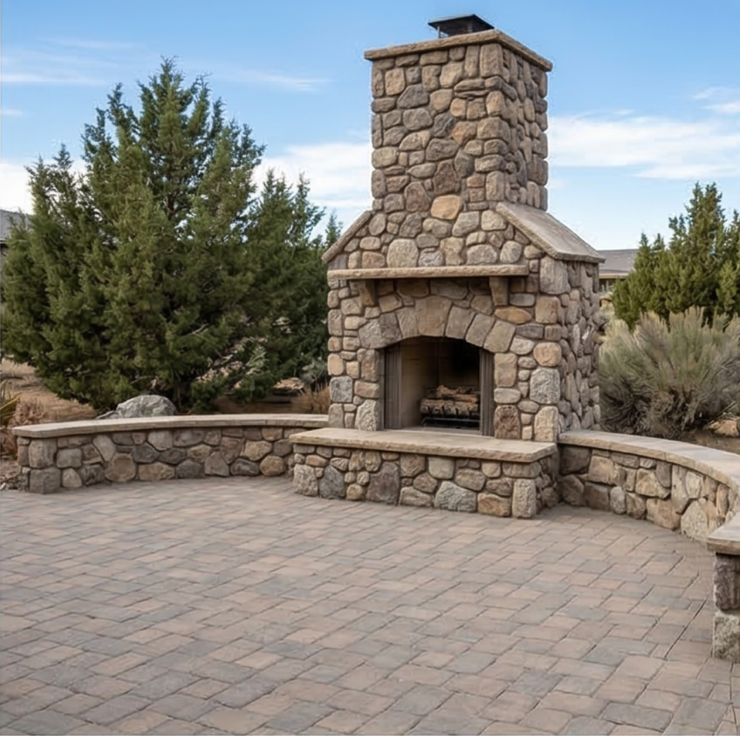 Custom stone outdoor fireplace installed on paver patio in Reno NV backyard