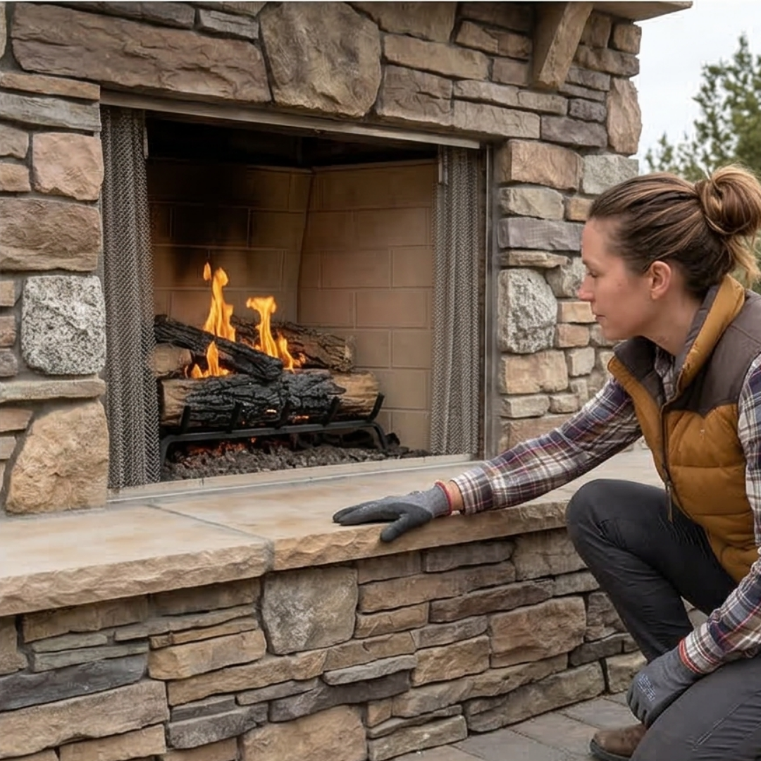 Outdoor stone fireplace repair and maintenance inspection in Reno NV backyard patio