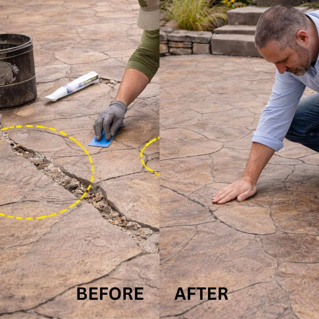 Before and after stamped concrete repair showing crack restoration and surface refinishing in Reno NV