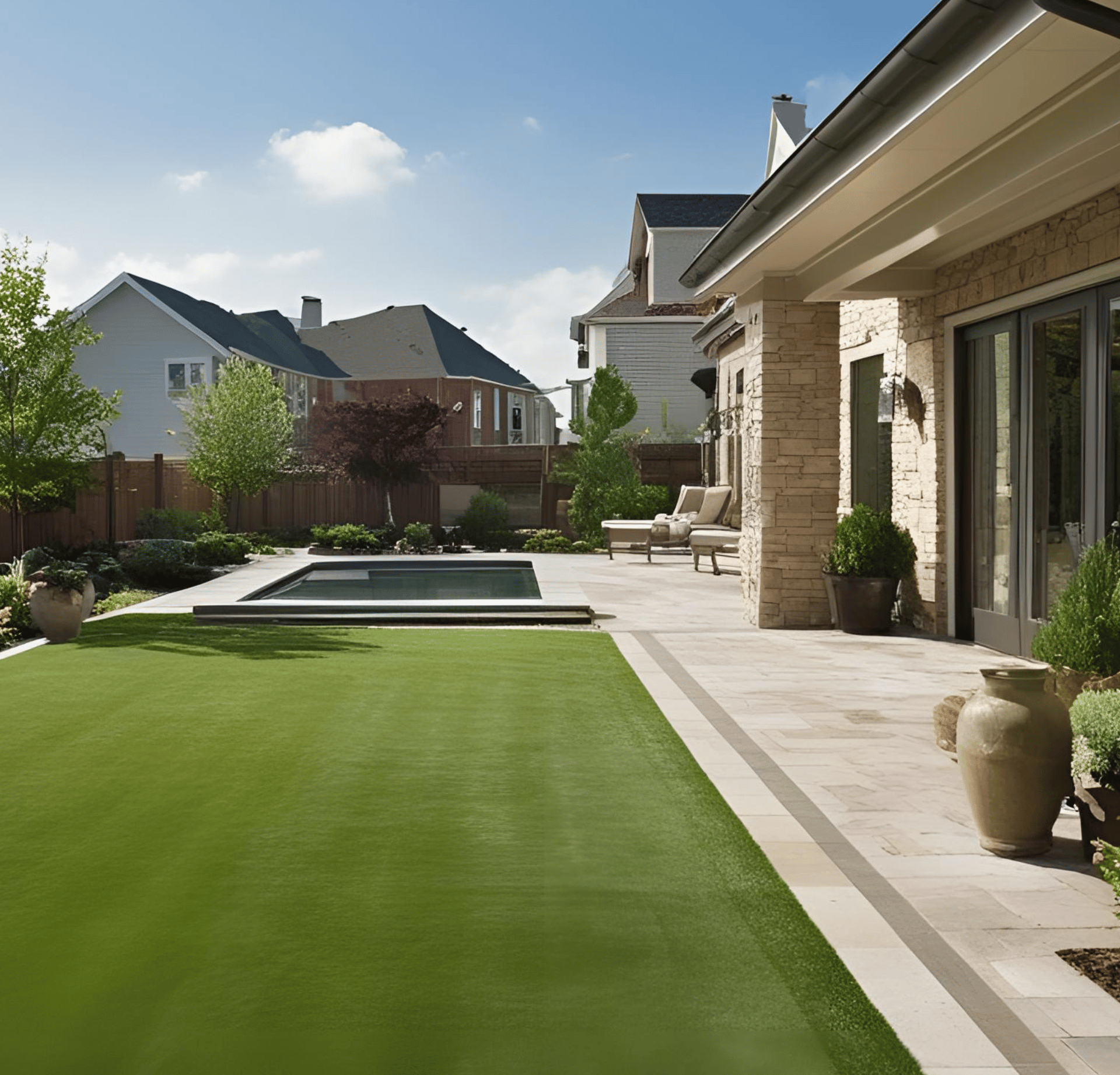 A house with a large lawn and a pool in the backyard design by All In Hardscape