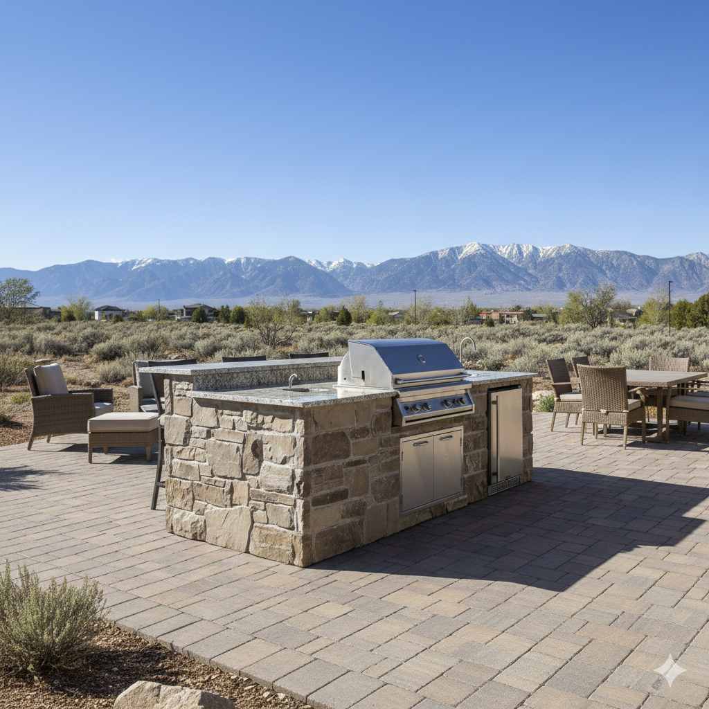 Tan house with brick facade, stone steps, and landscaping, under a blue sky.