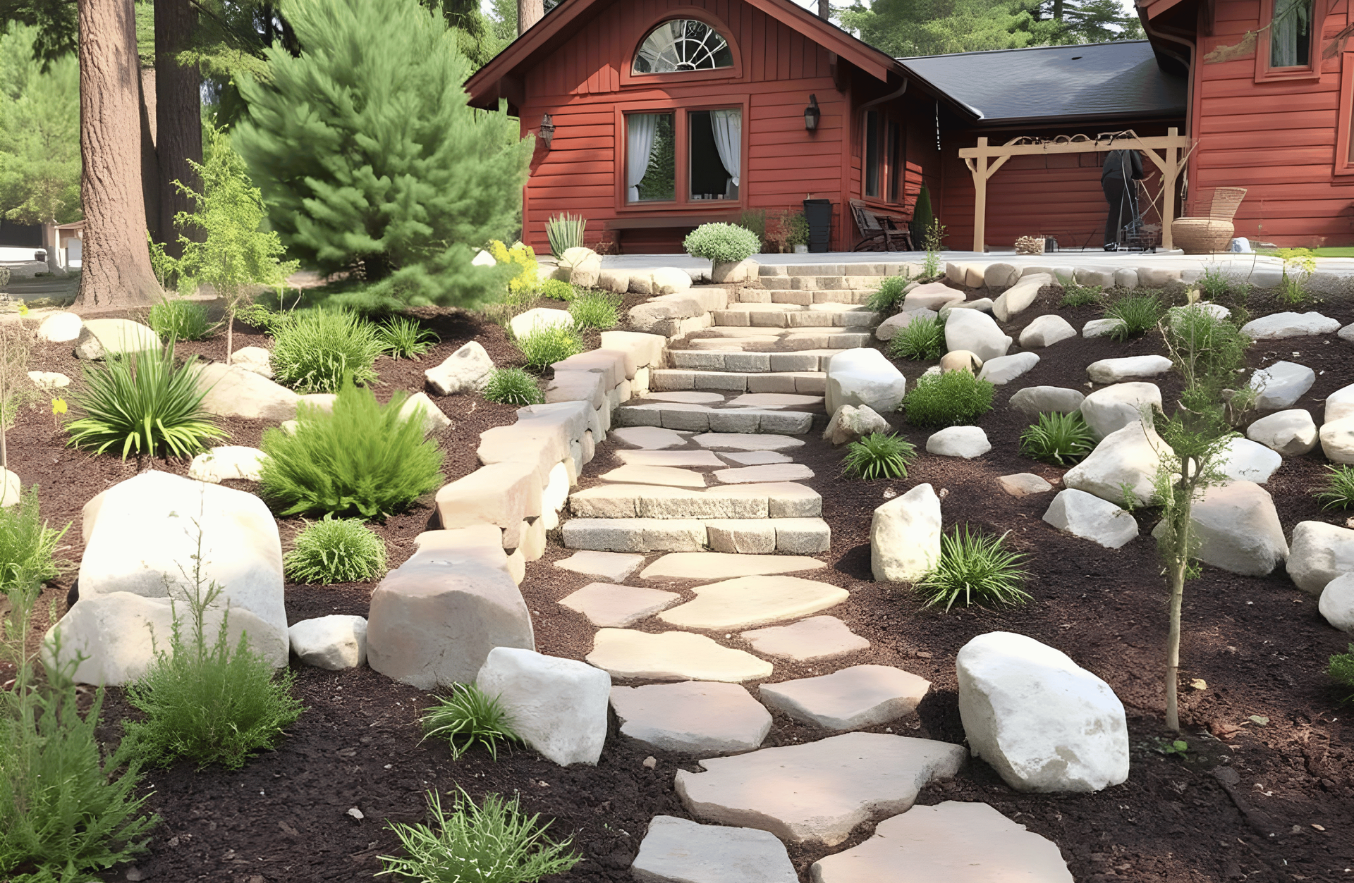 Stone steps leading up to a red wooden house, surrounded by landscaping and large white rocks - designed by Activescapes.