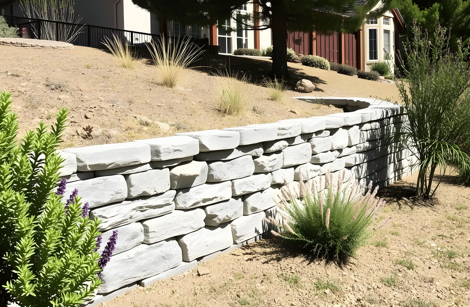 Stone retaining wall on a dry hillside, with greenery in front and a house in the background - designed by All In Hardscape Services .