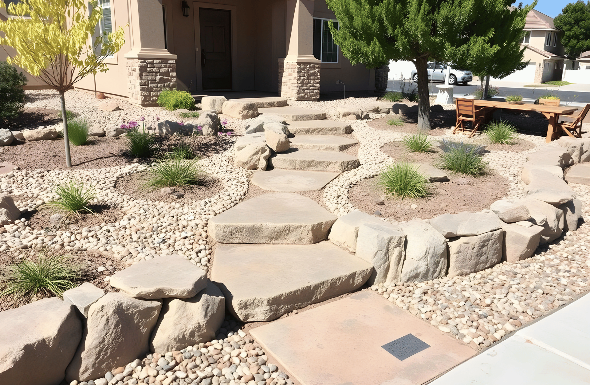 Stone steps and hardscaping leading to a beige house; rock borders and tan gravel designed by All In Hardscape Services.