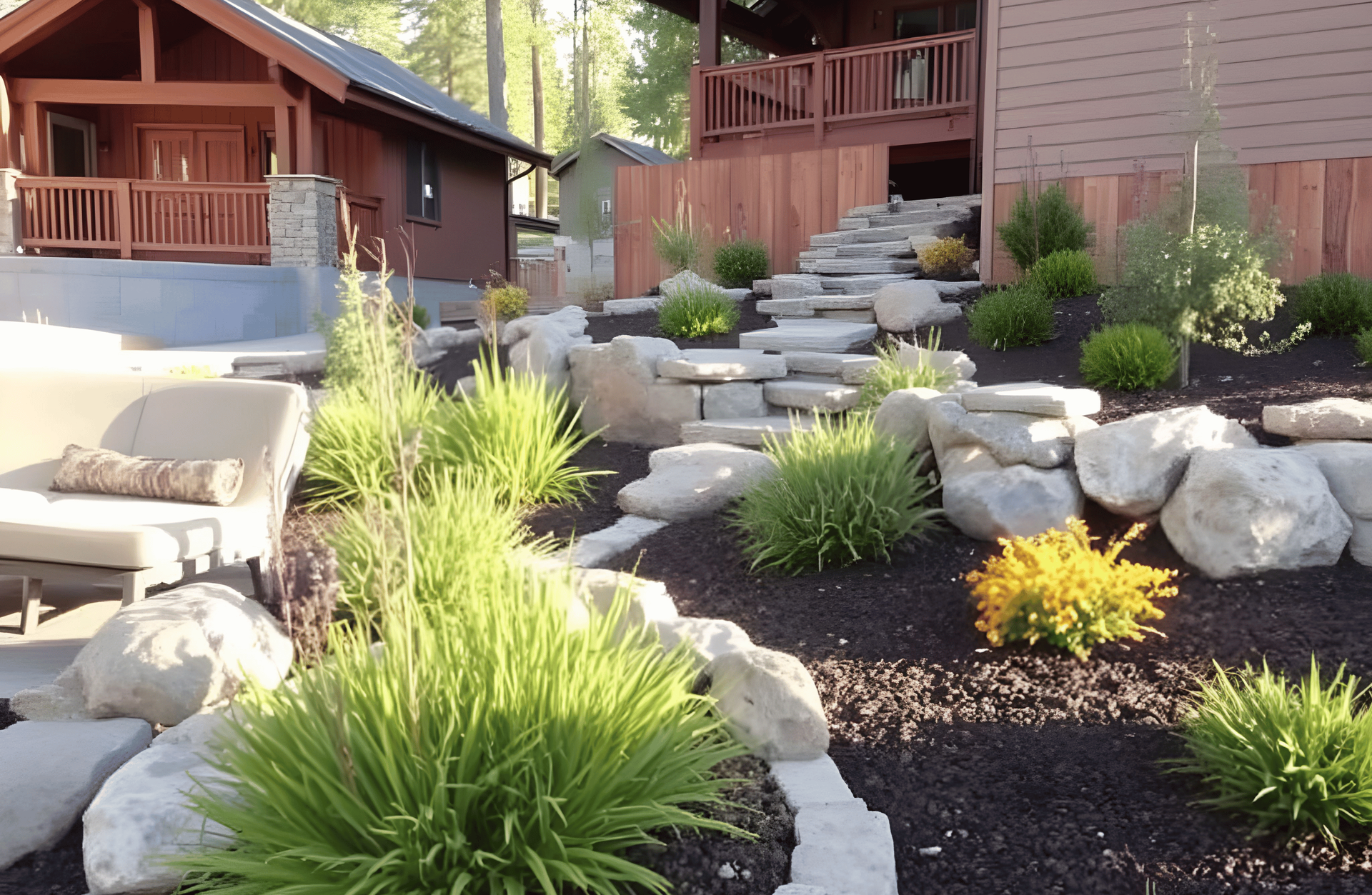 A brick walkway leading to a house designed by All In Hardscape
