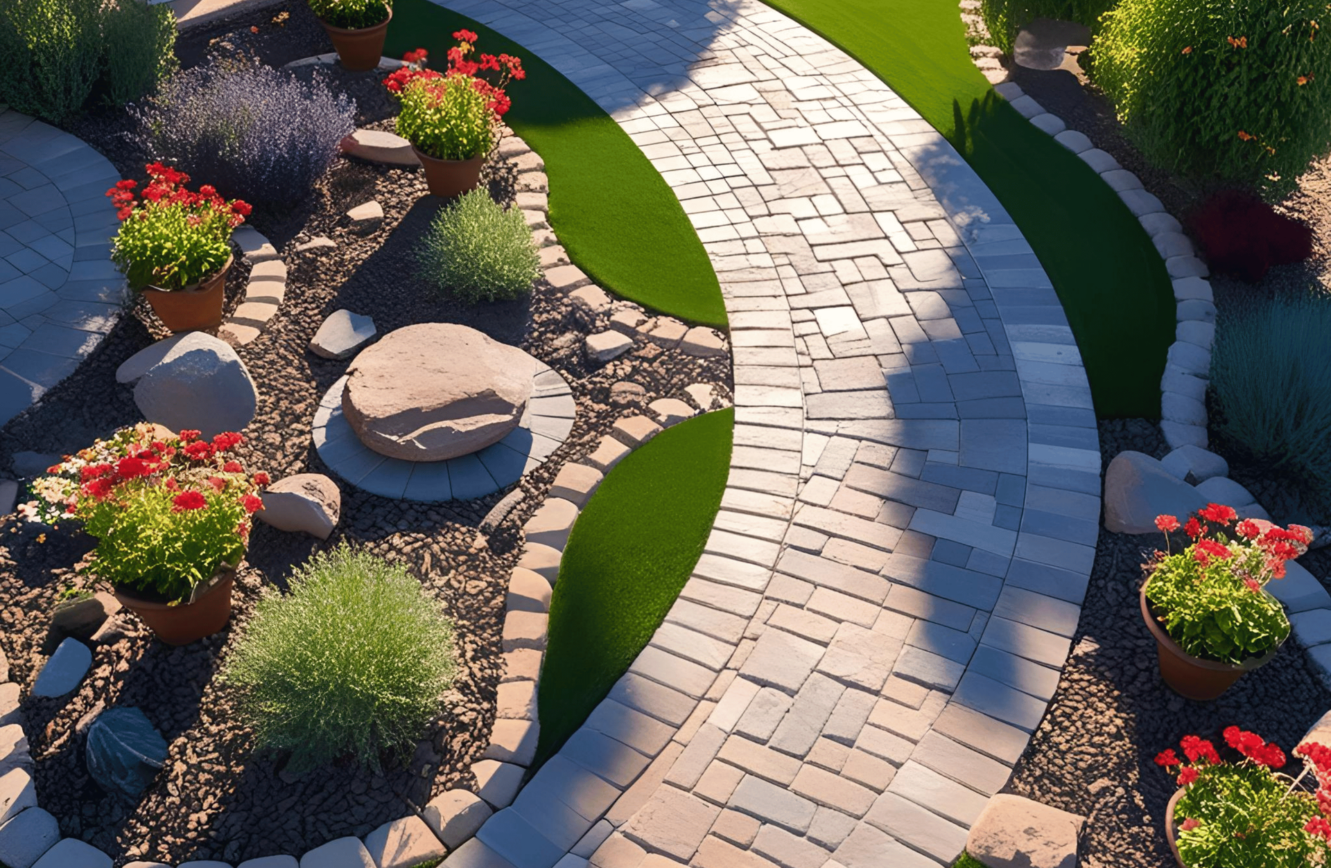 A brick walkway leading to a house designed by All In Hardscape