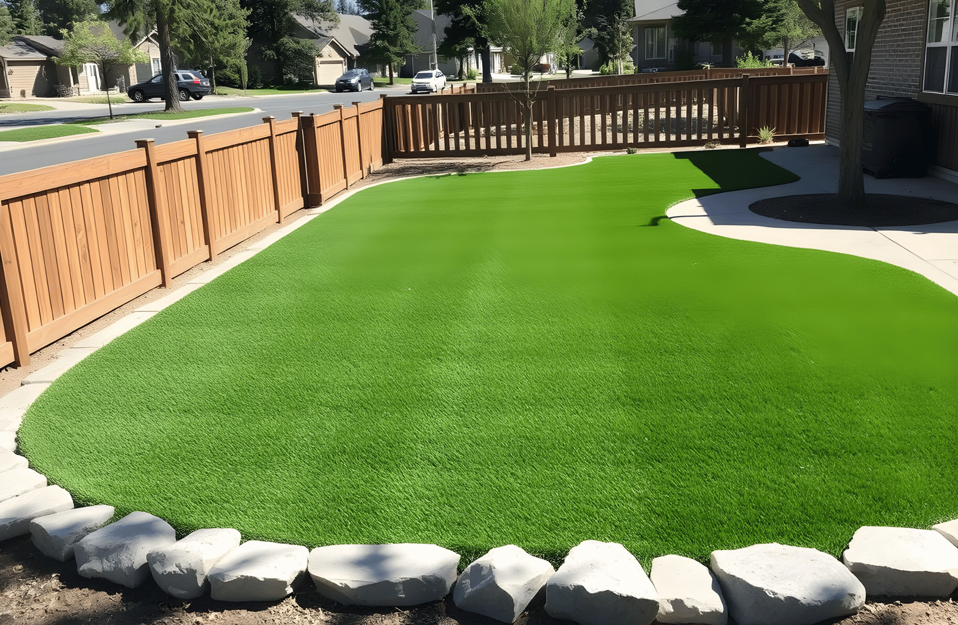 Green artificial turf yard with a brown fence and rock border - designed by Activescapes.