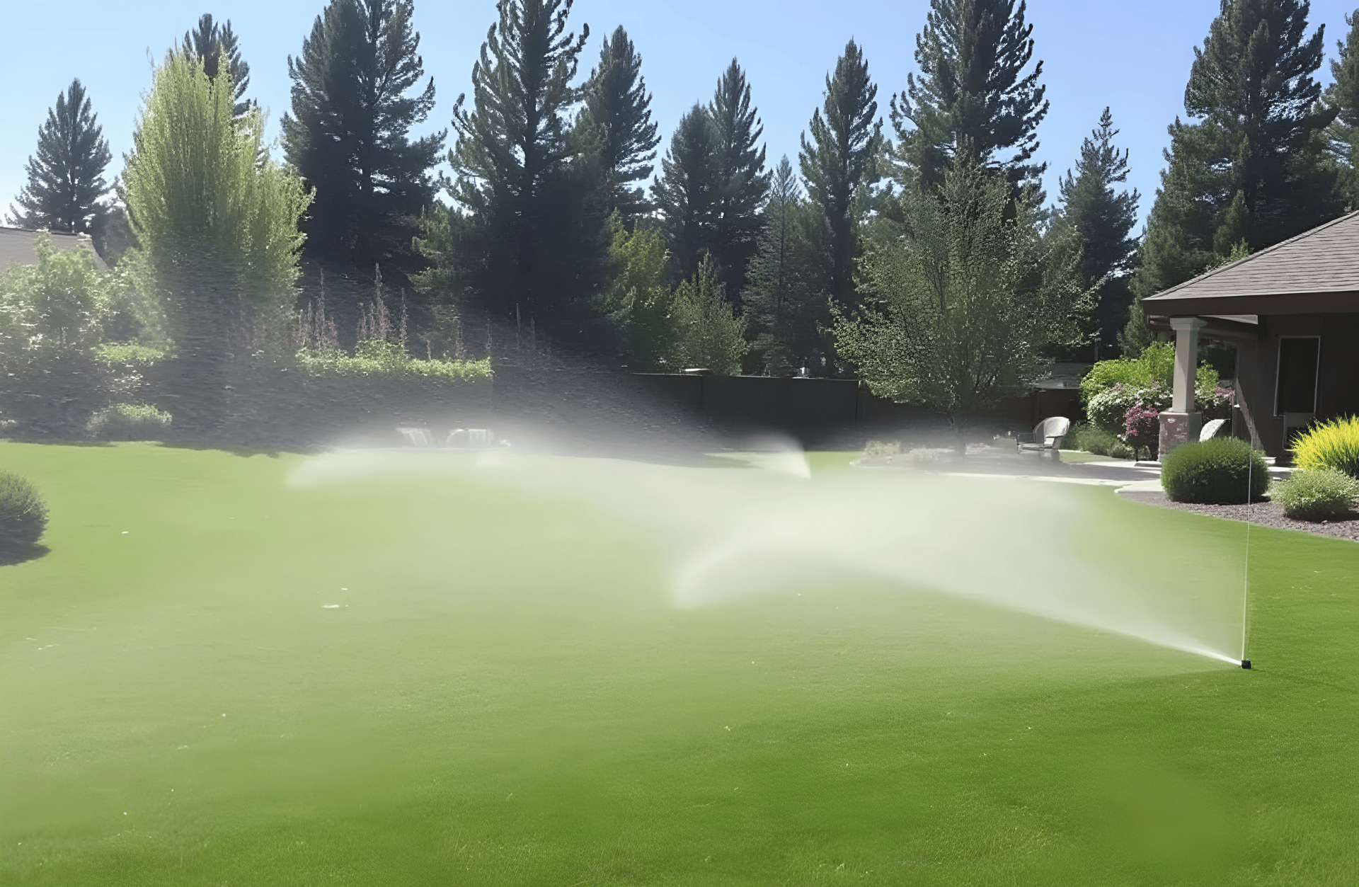 Sprinklers watering a bright green lawn in front of a house, under a sunny sky - designed by All In Hardscape Services .