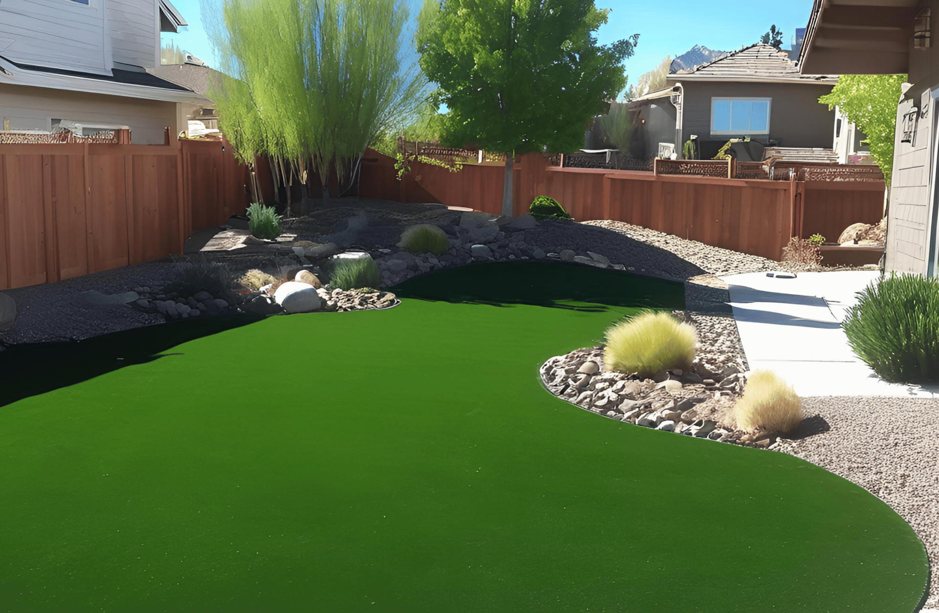 Backyard with artificial turf lawn, rock landscaping, and wooden fence - designed by All In Hardscape Services .