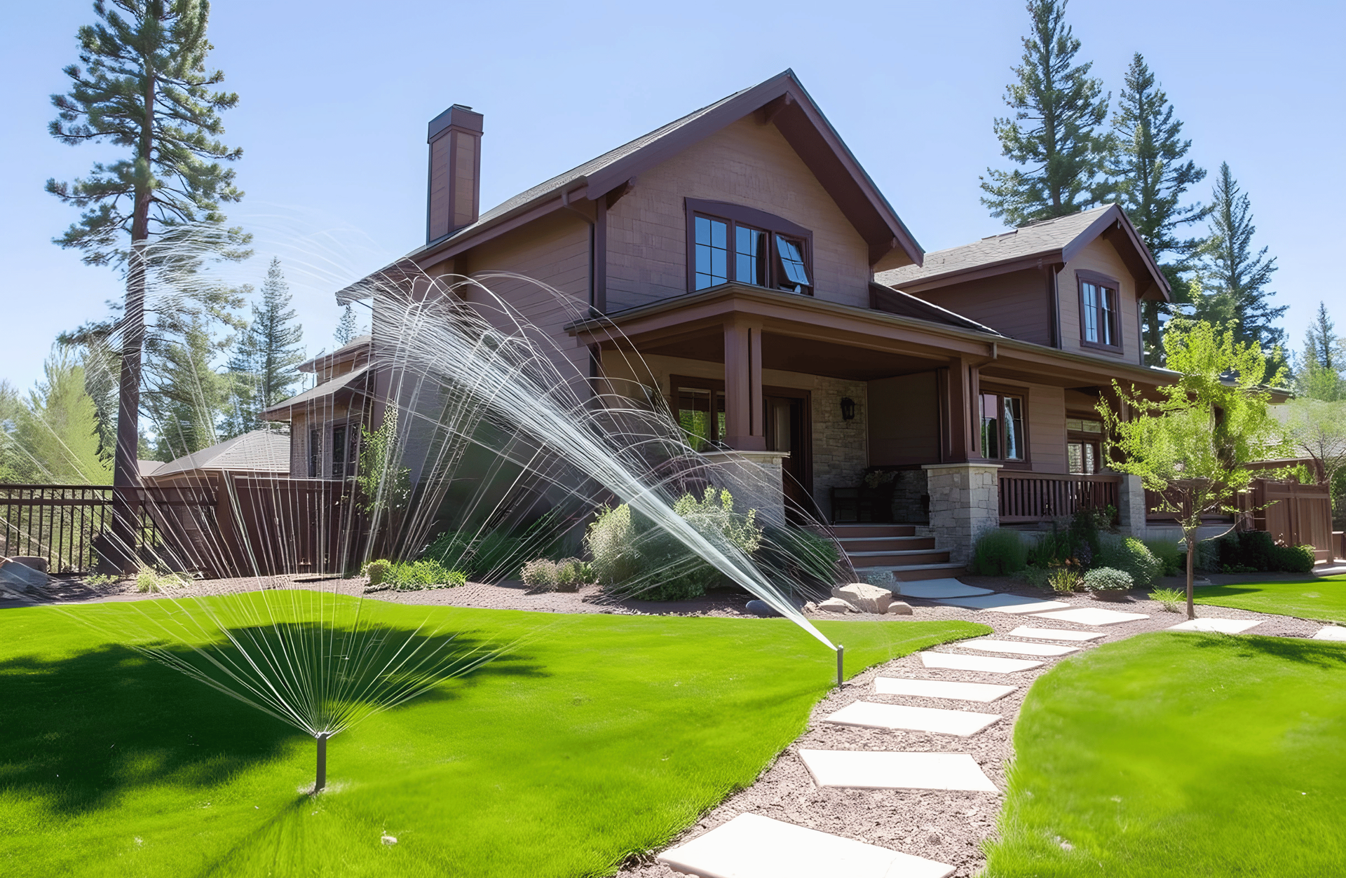 Lawn sprinklers watering the green grass in front of a two-story brown house on a sunny day - designed by - designed by All In Hardscape Services.
