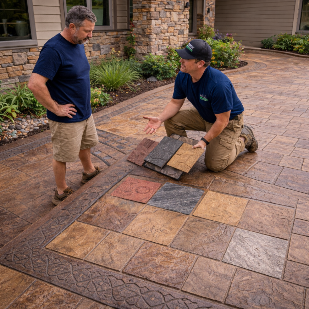 All In contractor showing colored stamped concrete texture samples to homeowner for custom patio design selection
