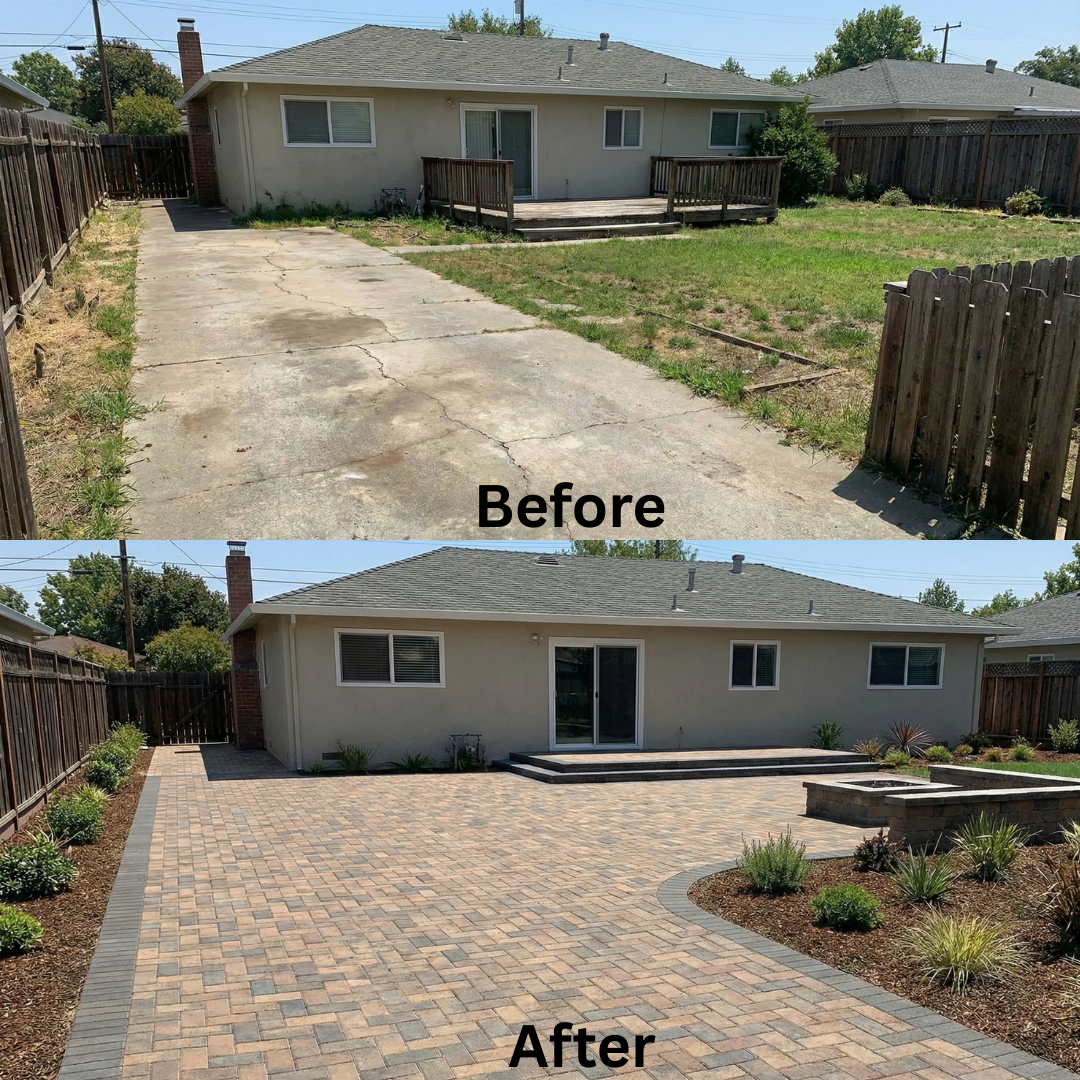 Before and after concrete driveway replacement with interlocking pavers by All In in Reno NV