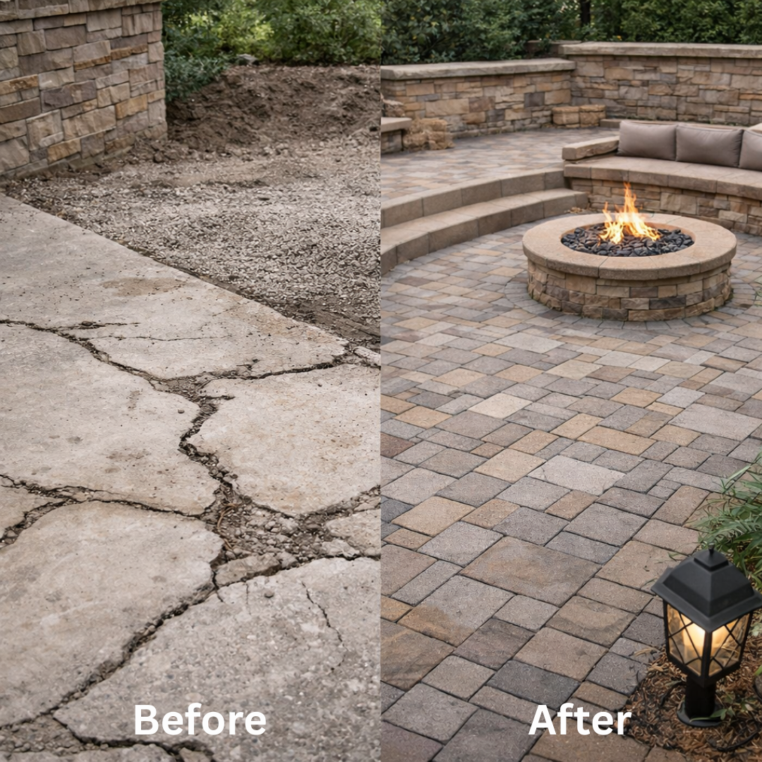 Before and after patio replacement in Reno NV showing cracked concrete replaced with interlocking pavers and fire feature by All In.