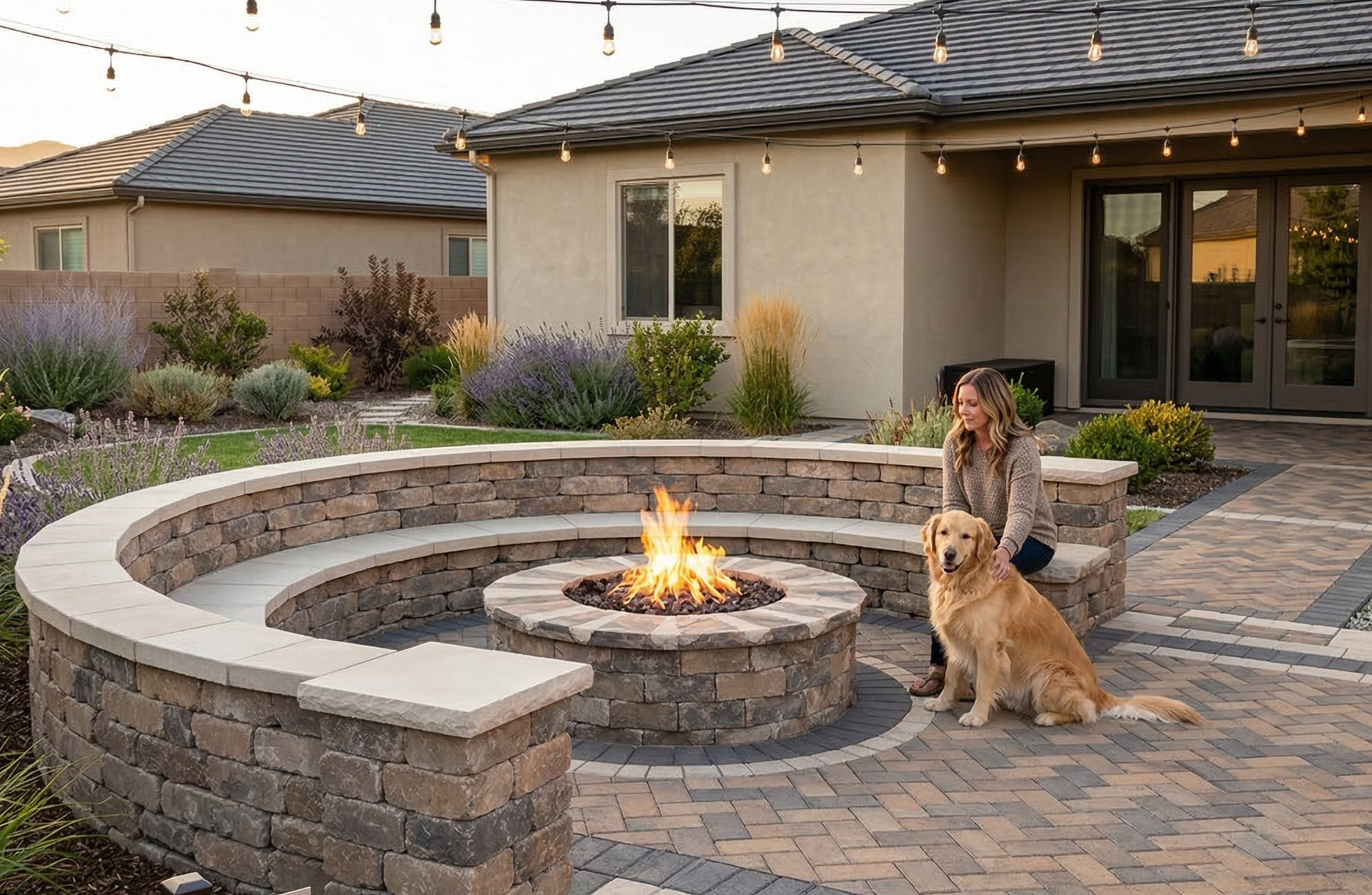 Round backyard fire pit installation on paver patio in Reno NV