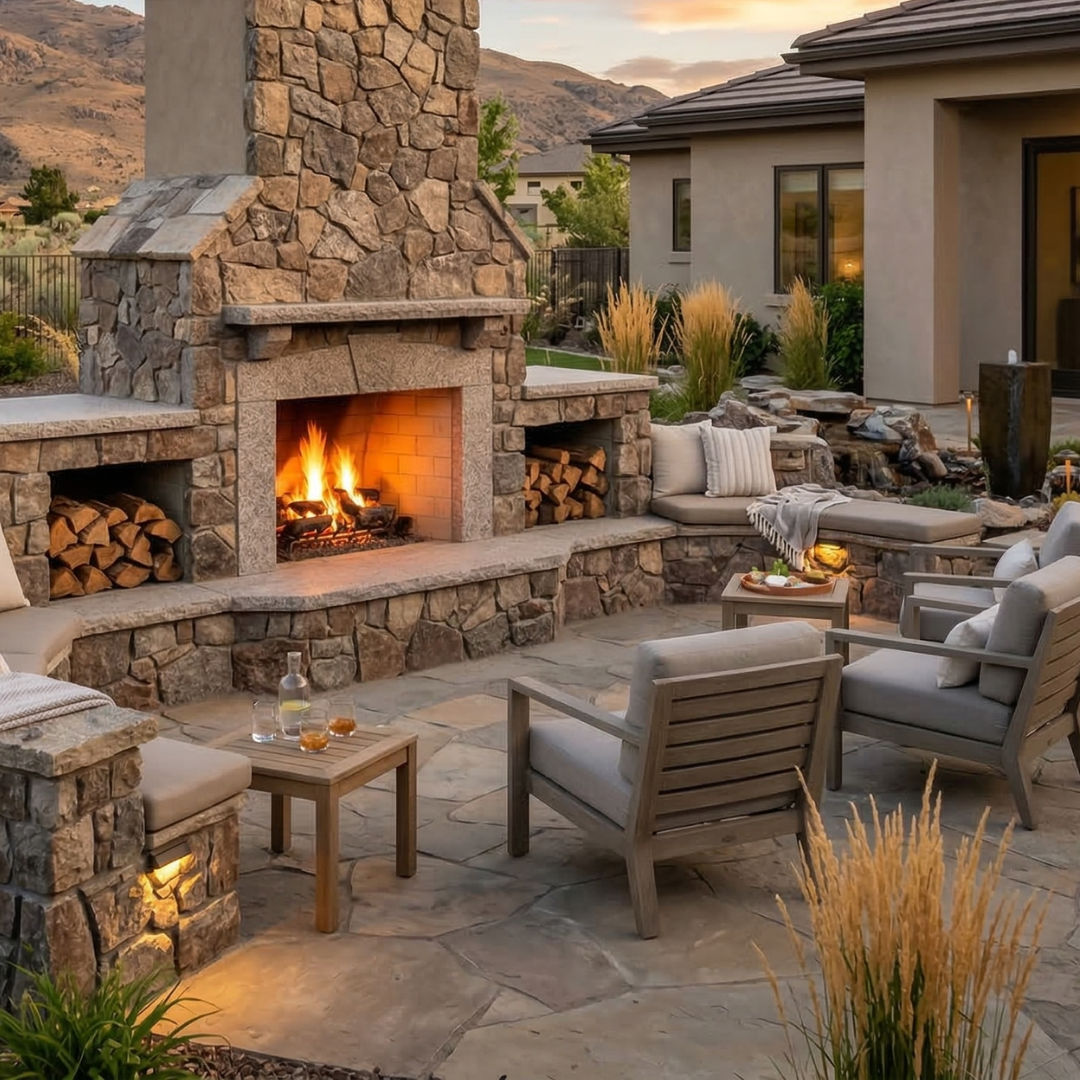 Custom outdoor stone fireplace with seating area in Reno NV backyard patio