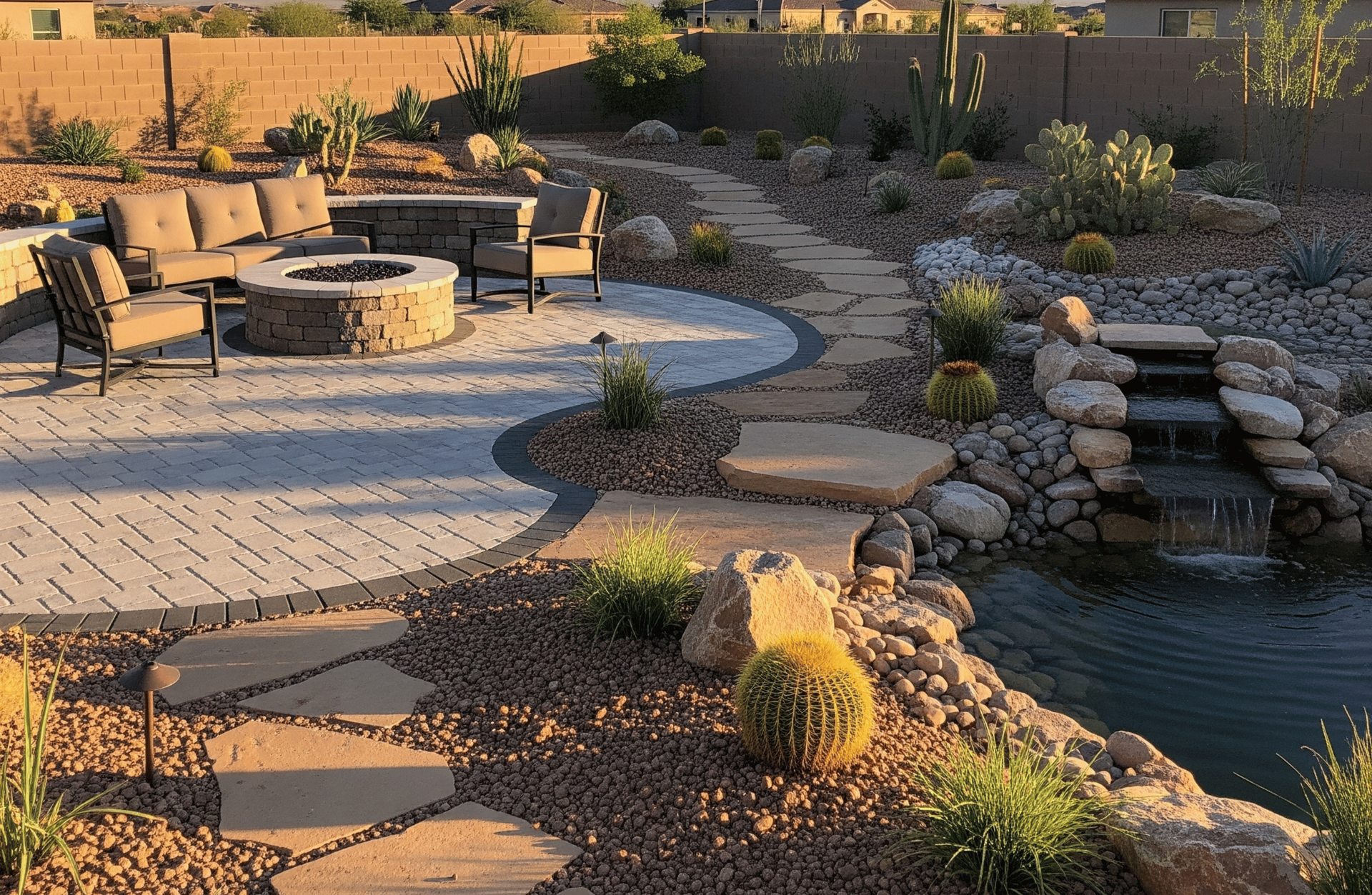 Hardscaping design with paver patio, built-in fire pit, stone walkway, and water feature in a Dayton NV backyard by All In.