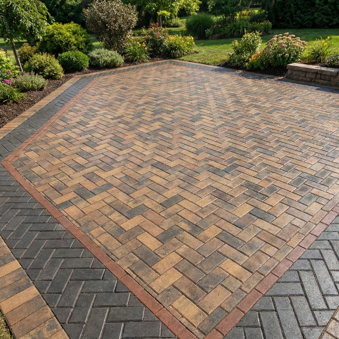 Decorative driveway paver design in Reno NV featuring multi-color herringbone pattern and accent borders installed by All In