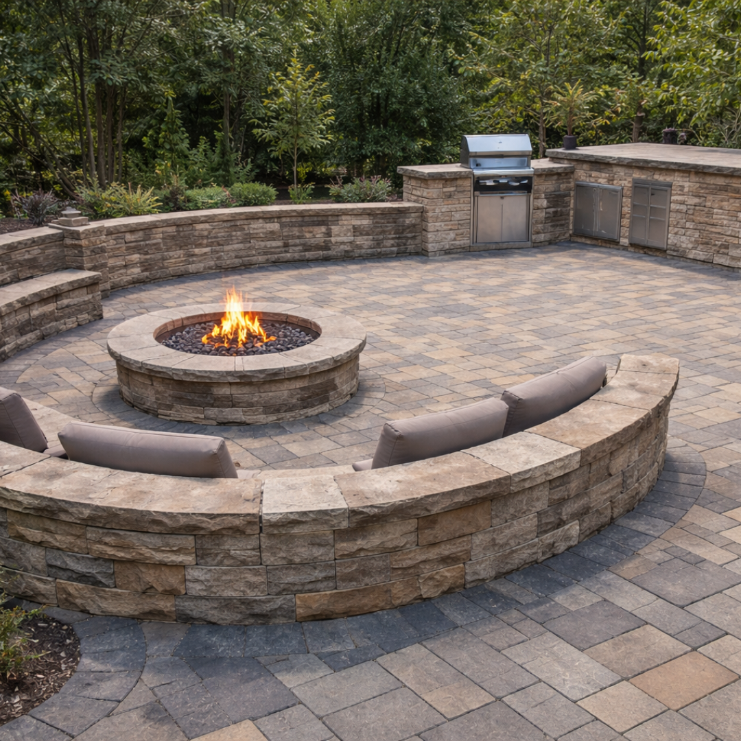 Functional paver patio design in Reno NV with curved seating wall, multi-level layout and built-in fire feature by All In Hardscape.