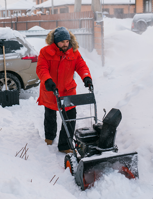 Man in red coat using a snowblower to clear a snowy path in front of a house.