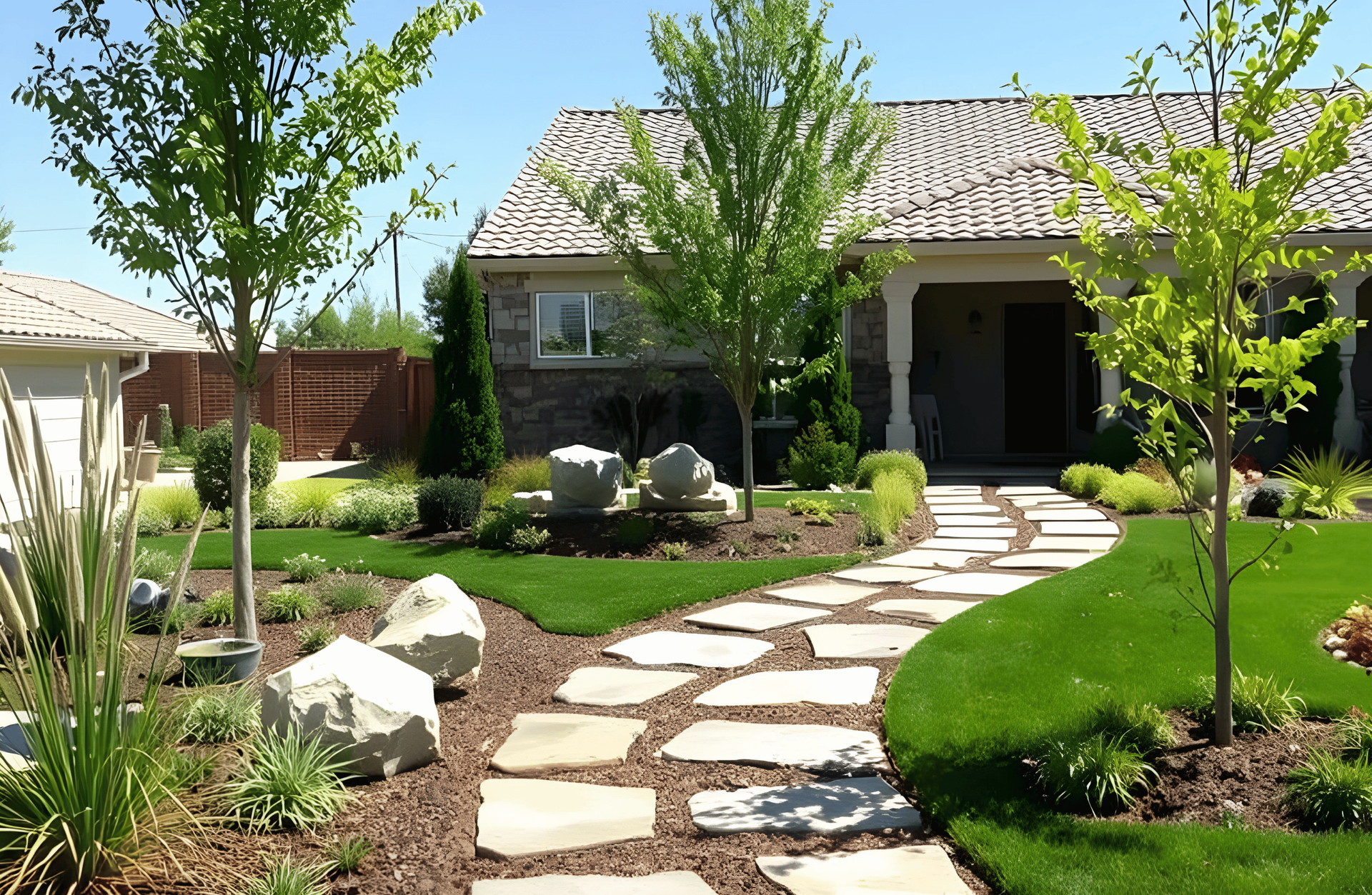 Front yard hardscaping with stone walkway, trees, and landscape design in South Lake Tahoe, CA.