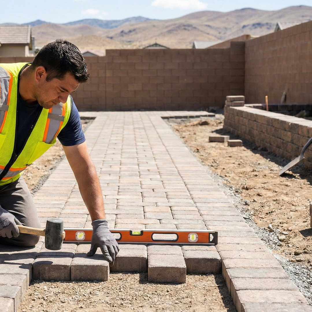 All In professional installing heavy-duty interlocking driveway pavers in Reno NV with proper base preparation and leveling