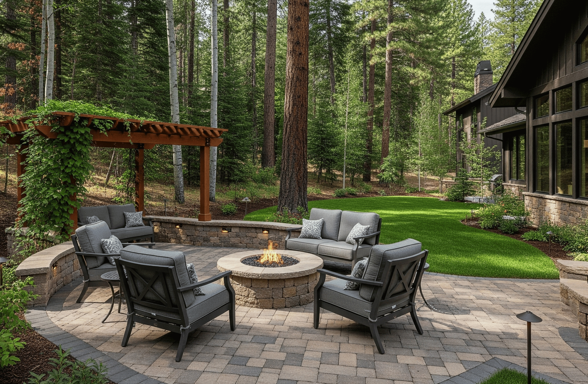 Outdoor living hardscape in Reno NV by All In Hardscape & Landscape with paver patio and fire feature