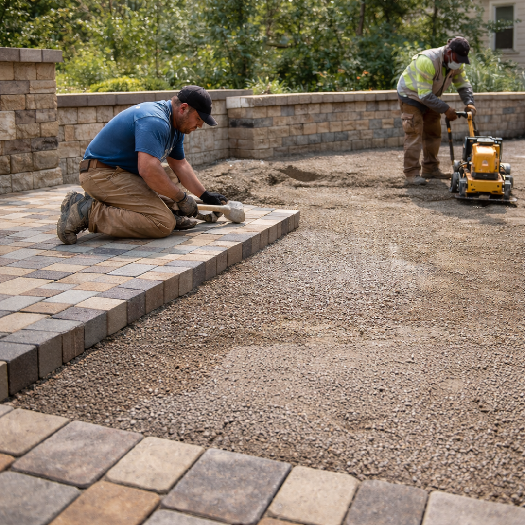 All In professional paver patio installation in Reno NV showing excavation depth, compacted aggregate base and precision grading