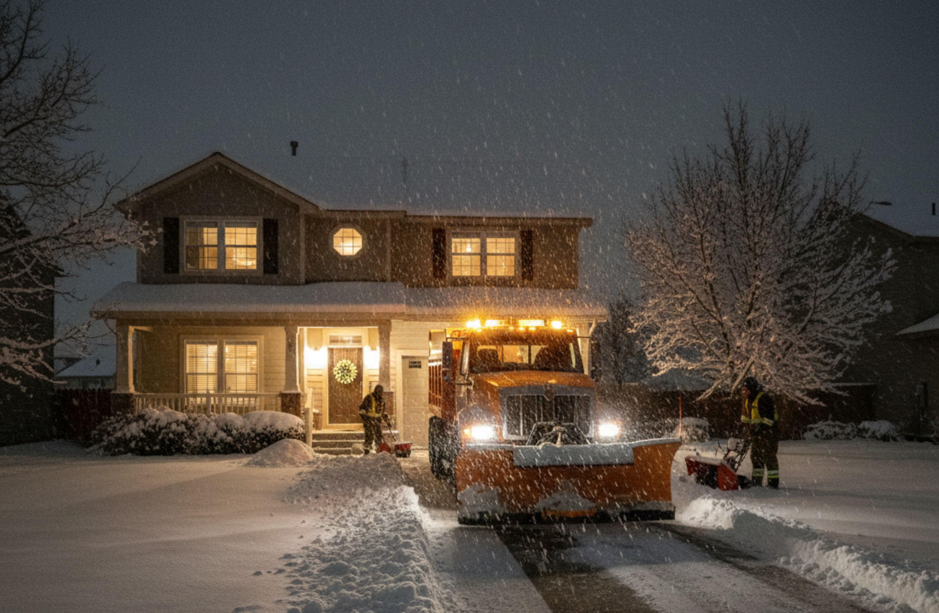 All In Professional snow removal crew using plow trucks to clear a residential driveway in Reno, NV at night