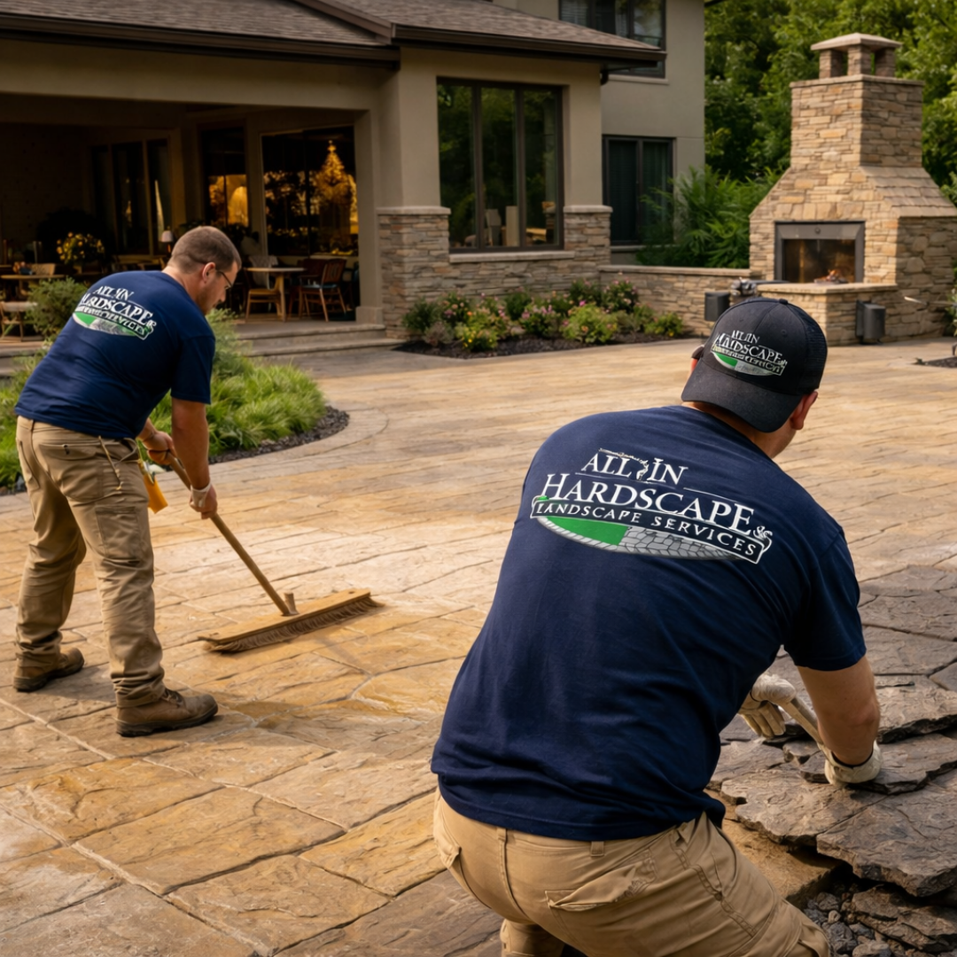 Professional stamped concrete contractors in Reno NV installing and finishing decorative concrete patio surface