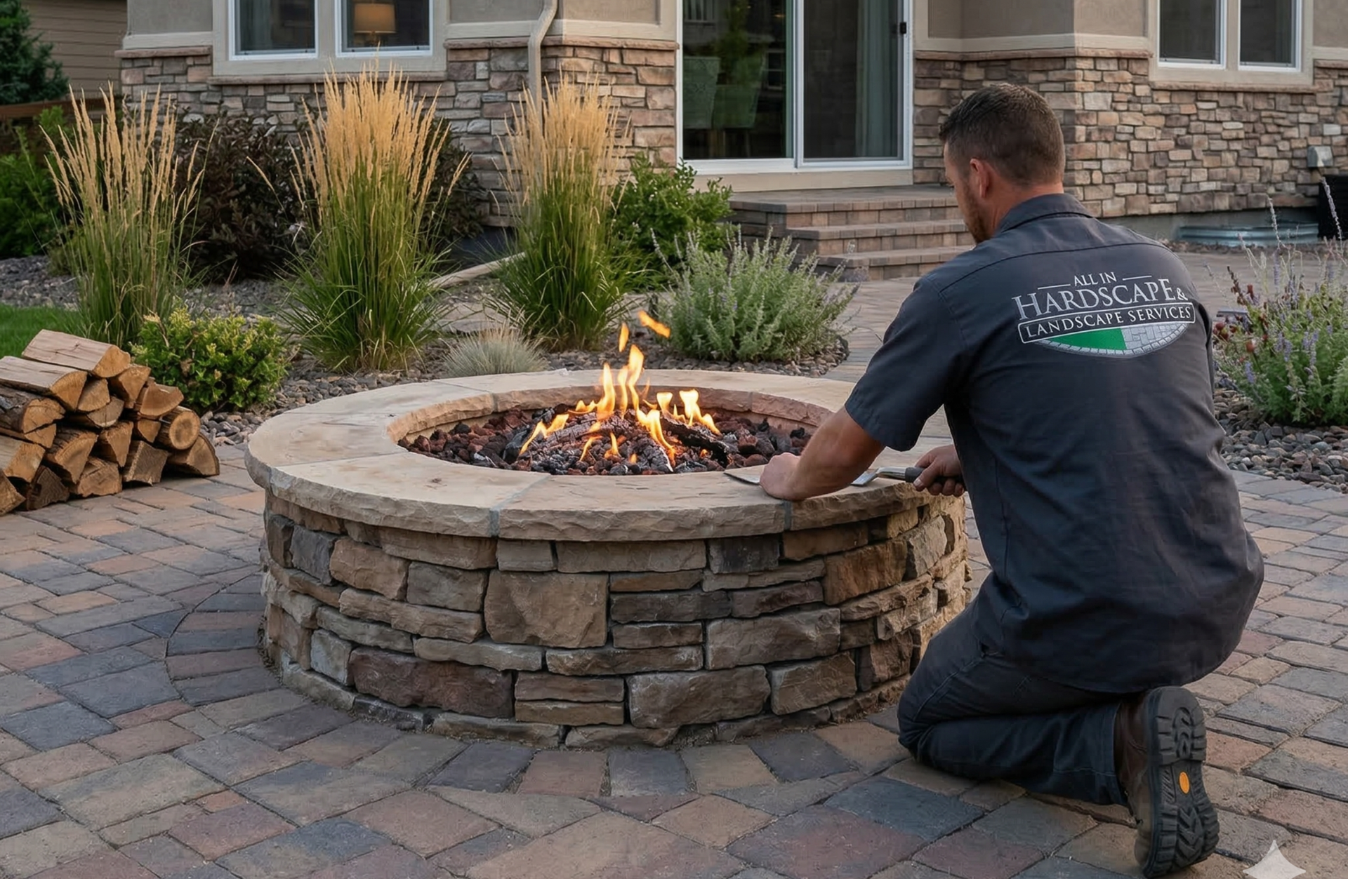 Round backyard fire pit installation on paver patio in Reno NV