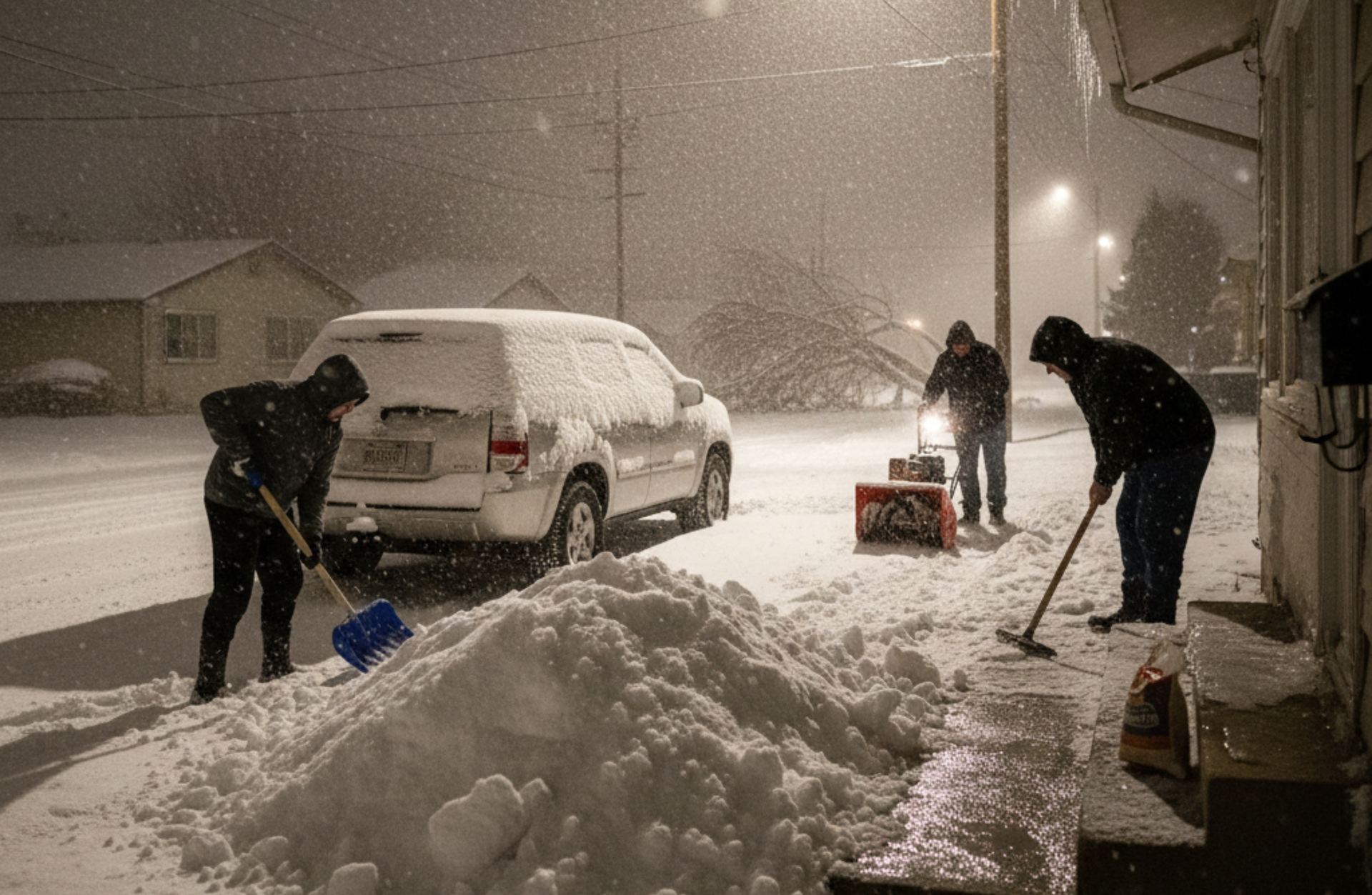 All In Snow removal crew manually clearing sidewalk and walkway during nighttime snowfall