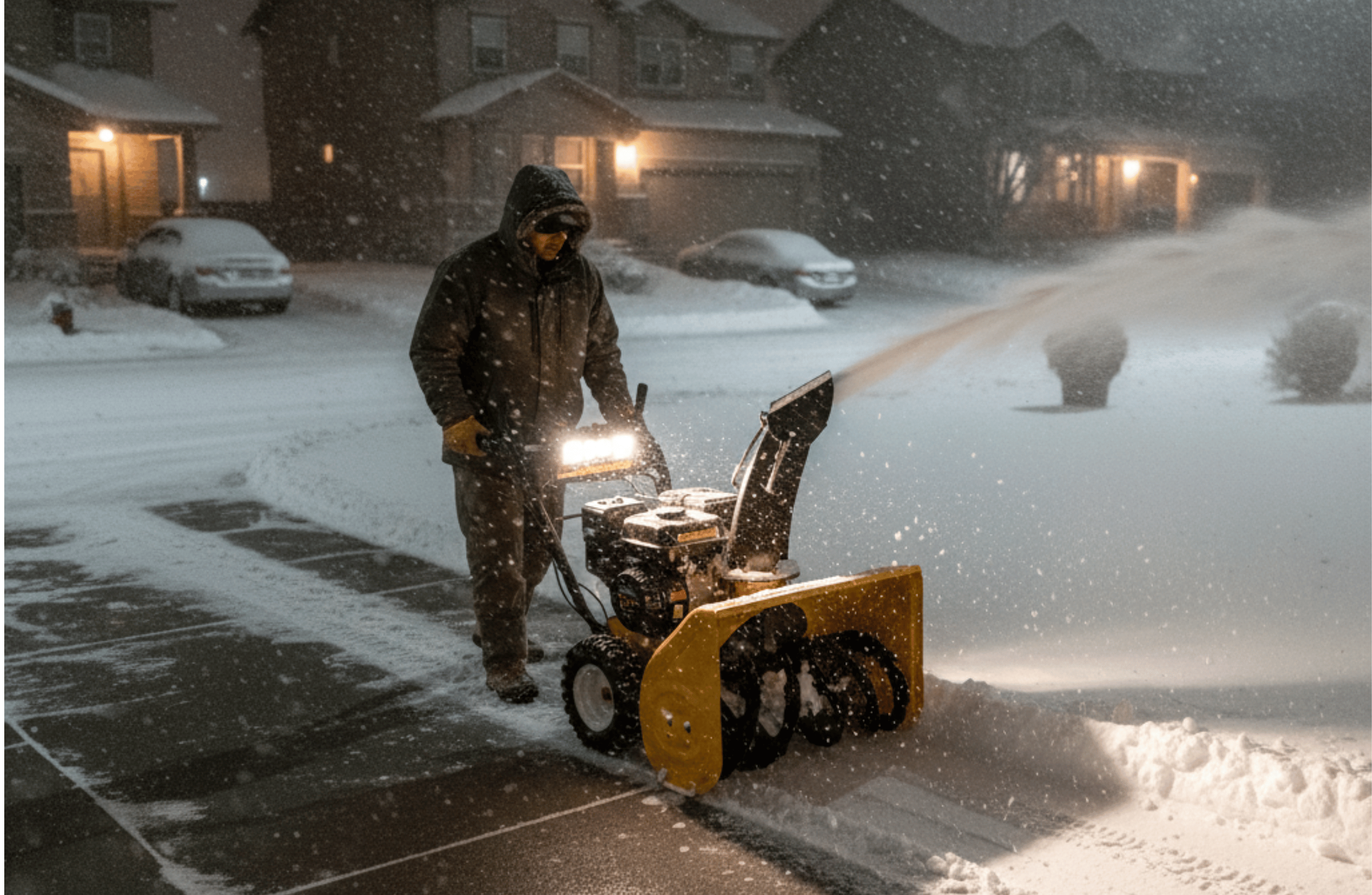 Snow removal equipment clearing a residential driveway in Spanish Springs, NV during active snowfall