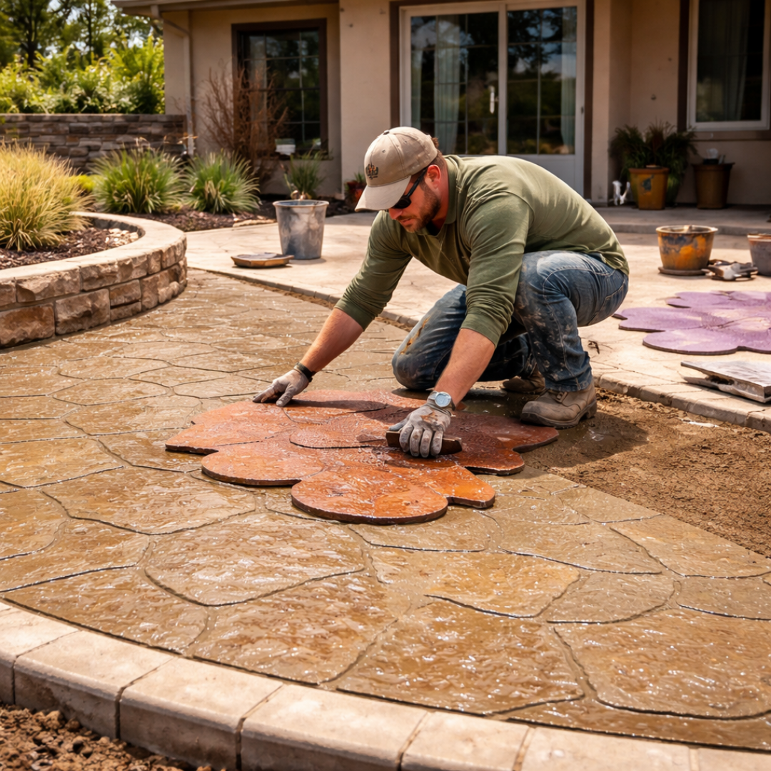 Professional stamped concrete contractors in Reno NV installing and finishing decorative concrete patio surface