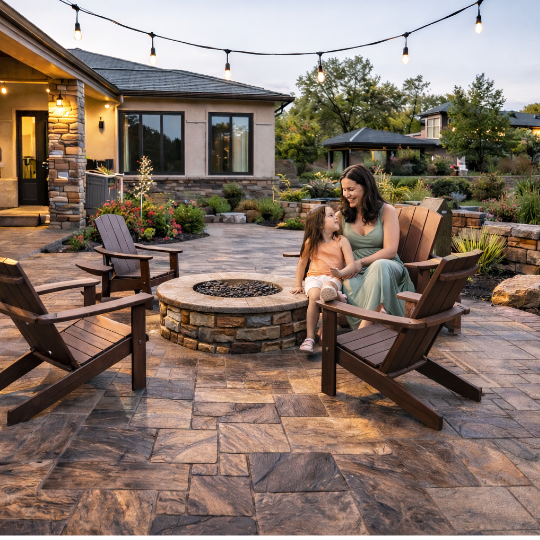 Spacious stamped concrete patio with seating and fire feature designed for outdoor living in Reno NV