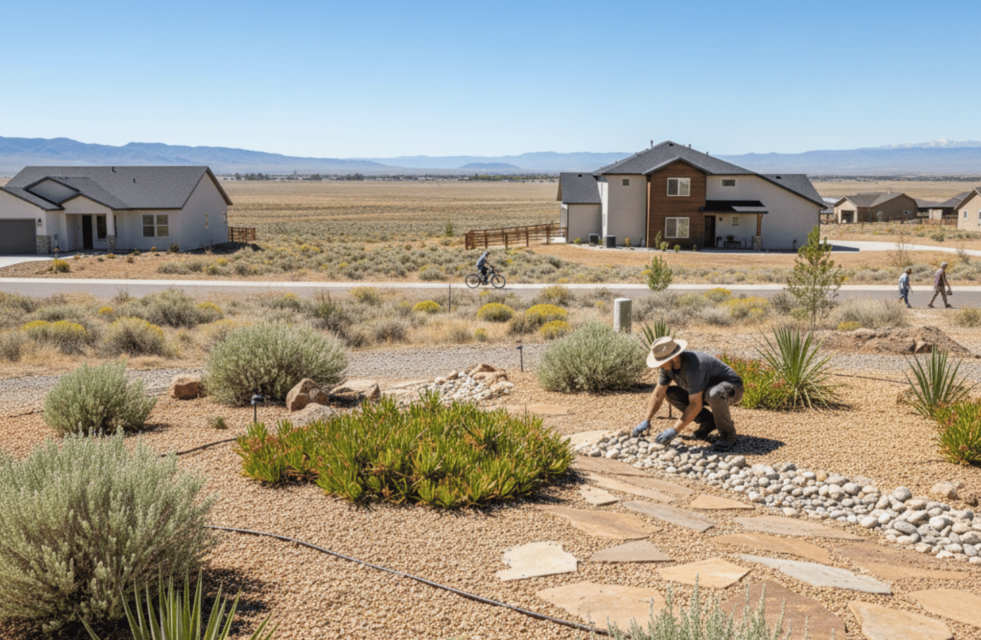 All In professional landscaper installing rocks in a desert xeriscape yard in Dayton NV
