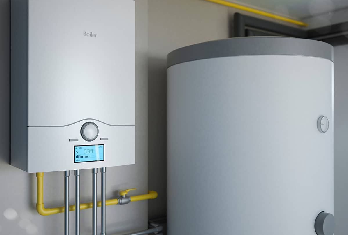 Wall-mounted Gas Boiler and Hot Water Tank in a Utility Room — Expert Plumbing & Solar Services Bathurst in Kelso, NSW