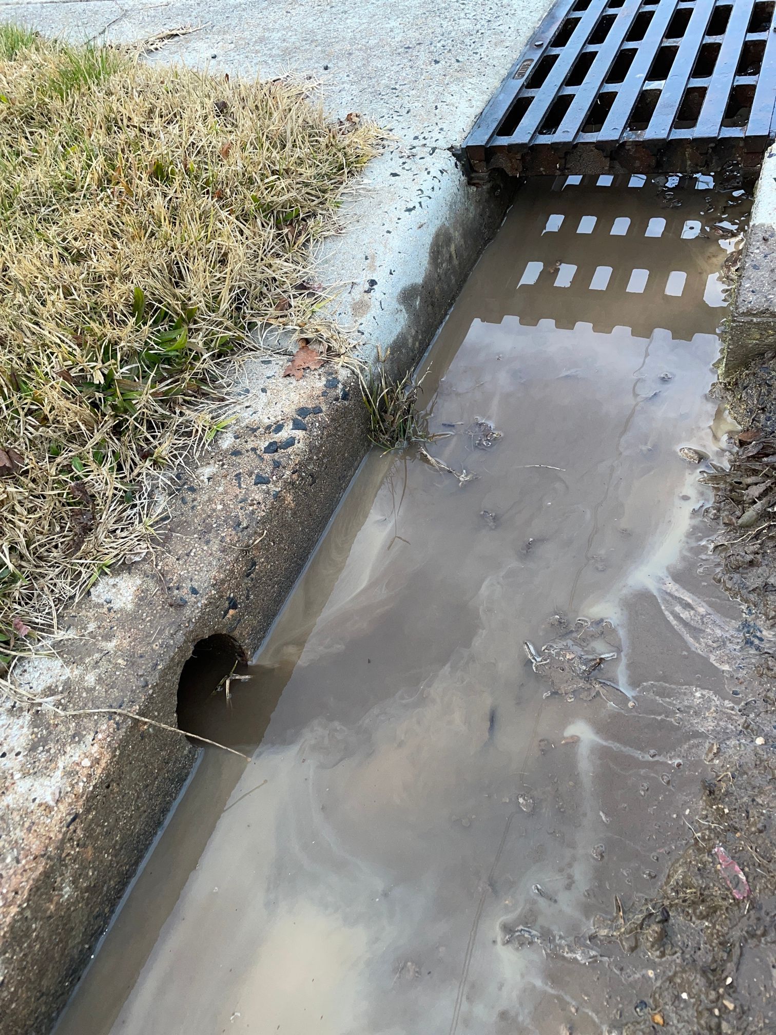Muddy Water Flowing Through a Concrete Gutter Towards a Storm Drain Grate — Expert Plumbing & Solar Services Bathurst in Kelso, NSW