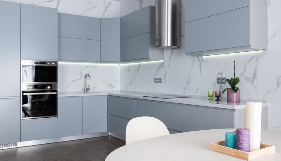 Modern Light-blue Kitchen With White Marble Backsplash — Expert Plumbing & Solar Services Bathurst in Kelso, NSW