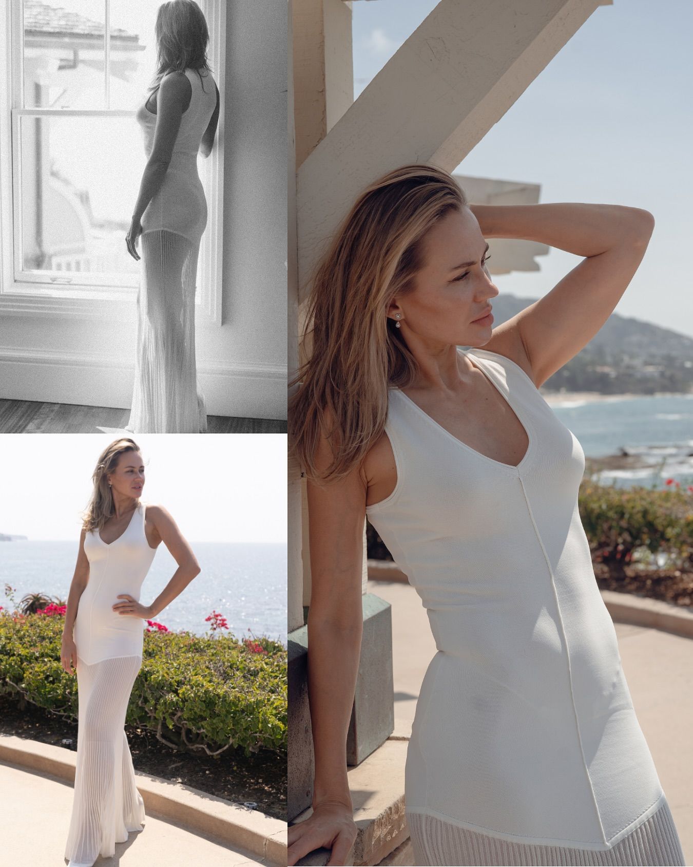 Woman in white dress, poses outside and by a window. Sunny day, ocean view. Montage, Laguna Beach by Jelena's Photo.