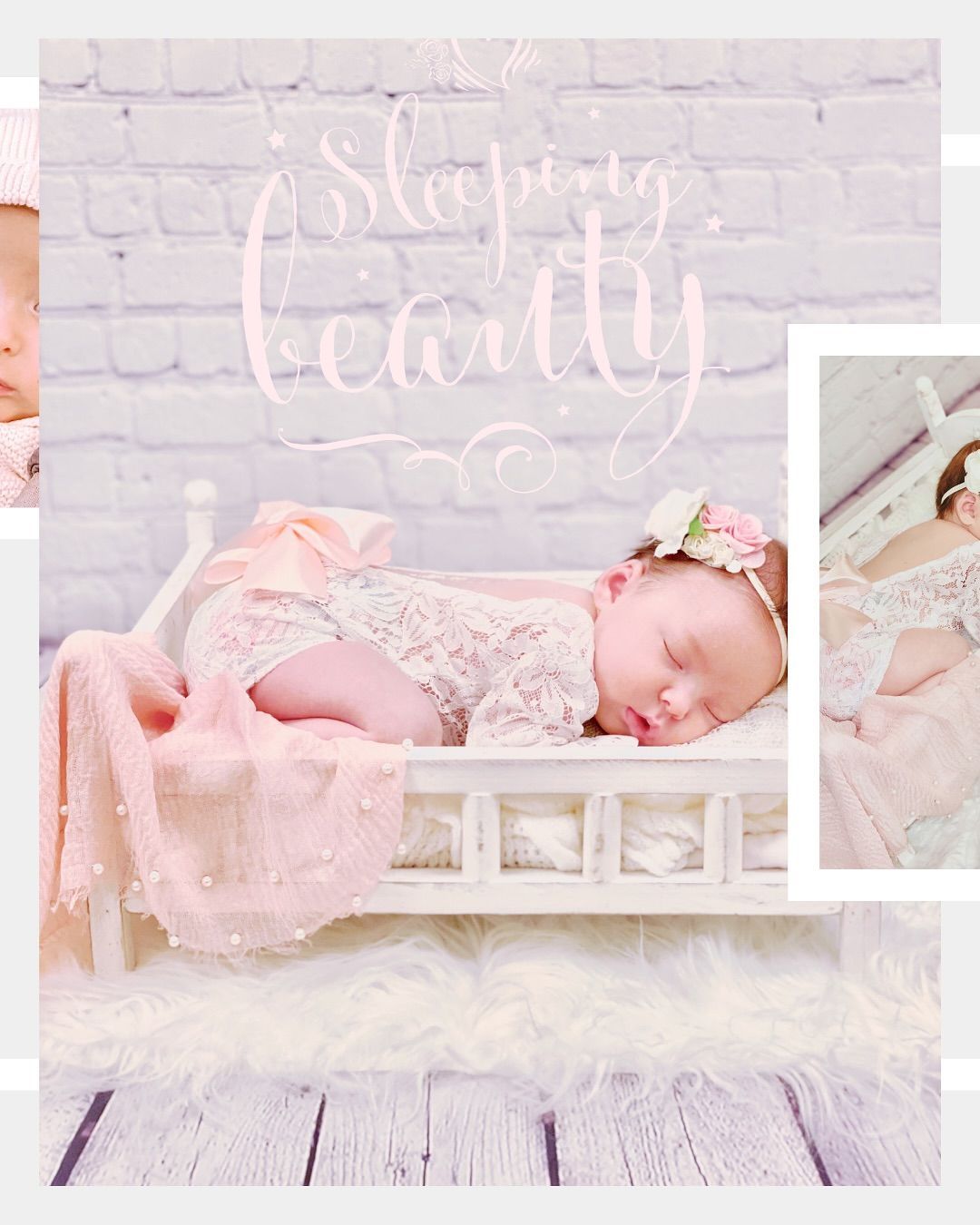 Newborn baby in a miniature bed, wearing floral lace outfit. Pink blanket on bed, brick backdrop by Jelena's Photo.