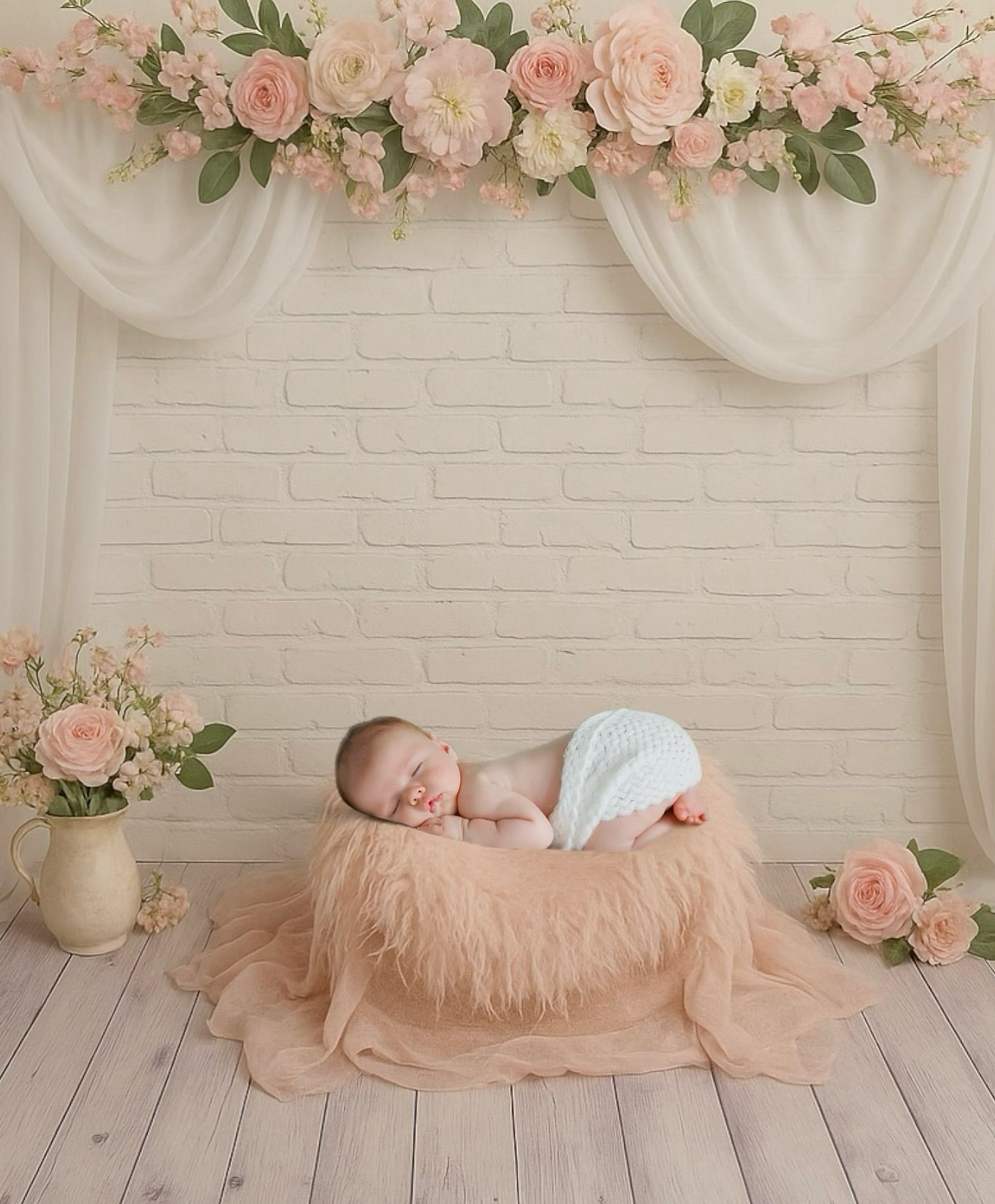 Newborn baby napping on a bed of pink fur, with floral and curtain backdrop. Newborn photography by Jelena's Photo.