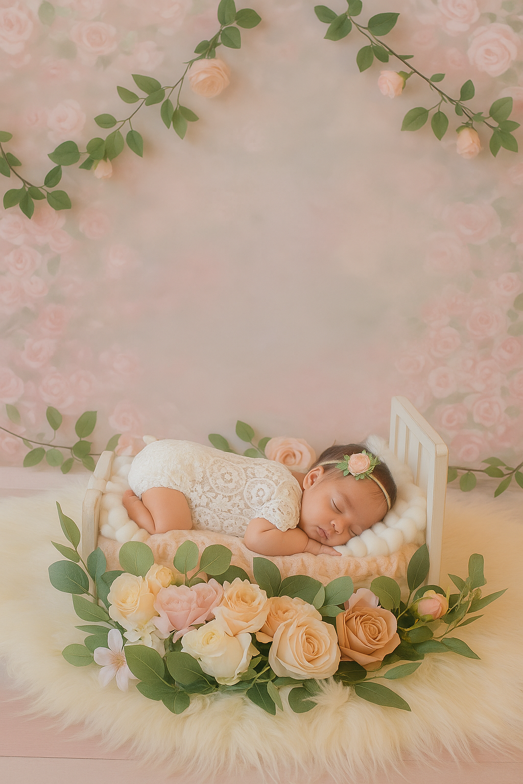 Newborn baby asleep in a miniature bed surrounded by flowers. Soft pink background.