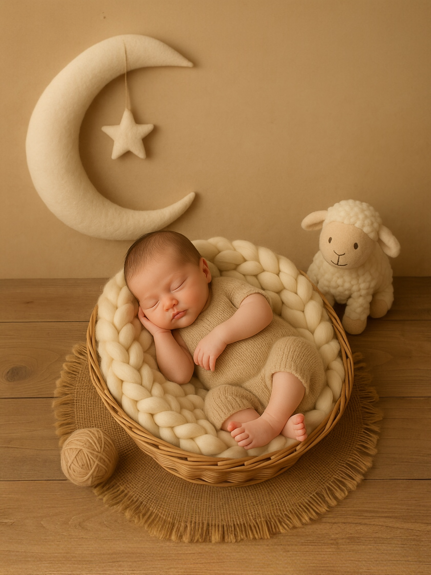 Newborn baby sleeping in a cute photo studio with props by Jelena's Photo.