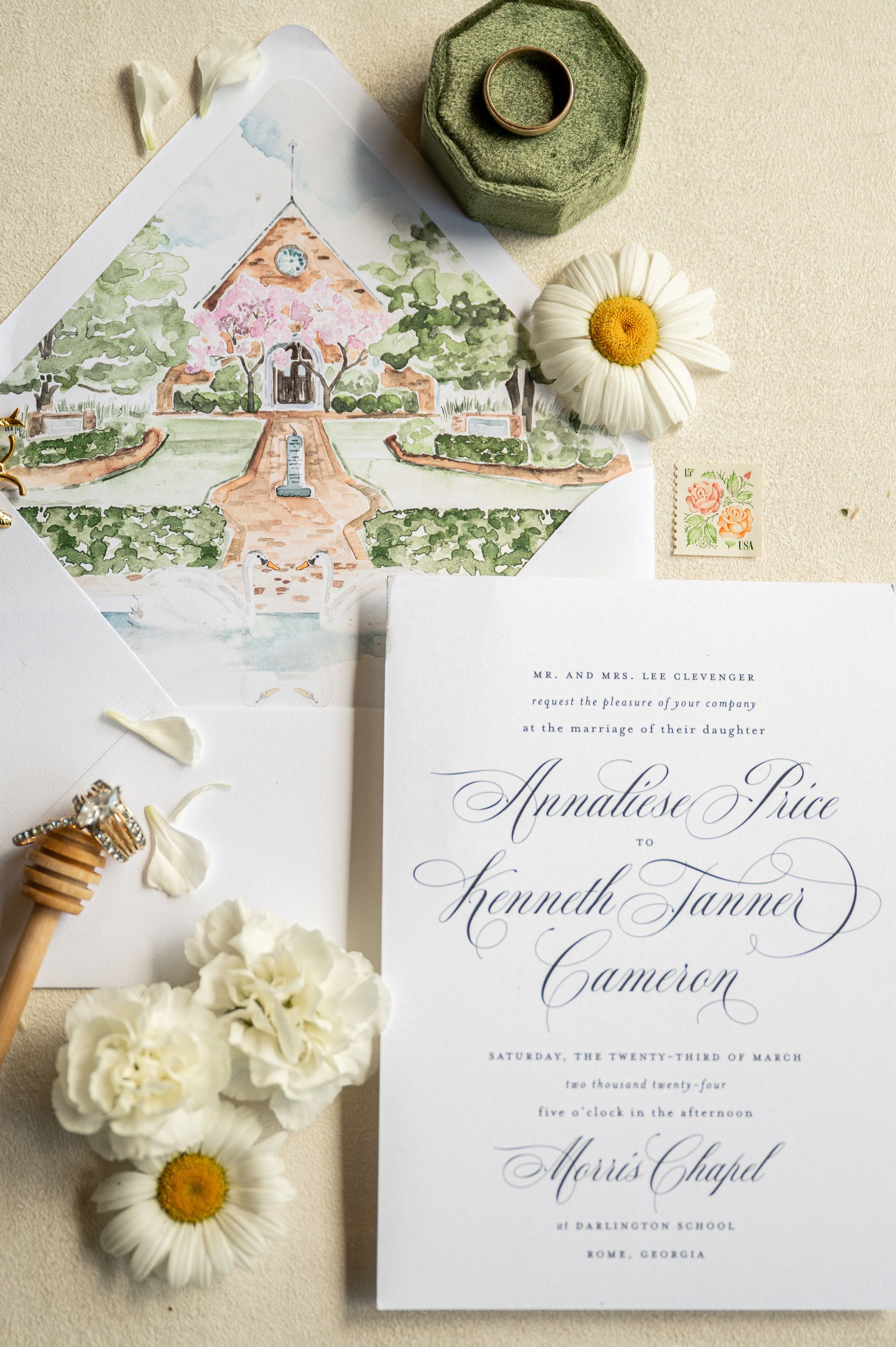 A wedding invitation with a picture of a church on it