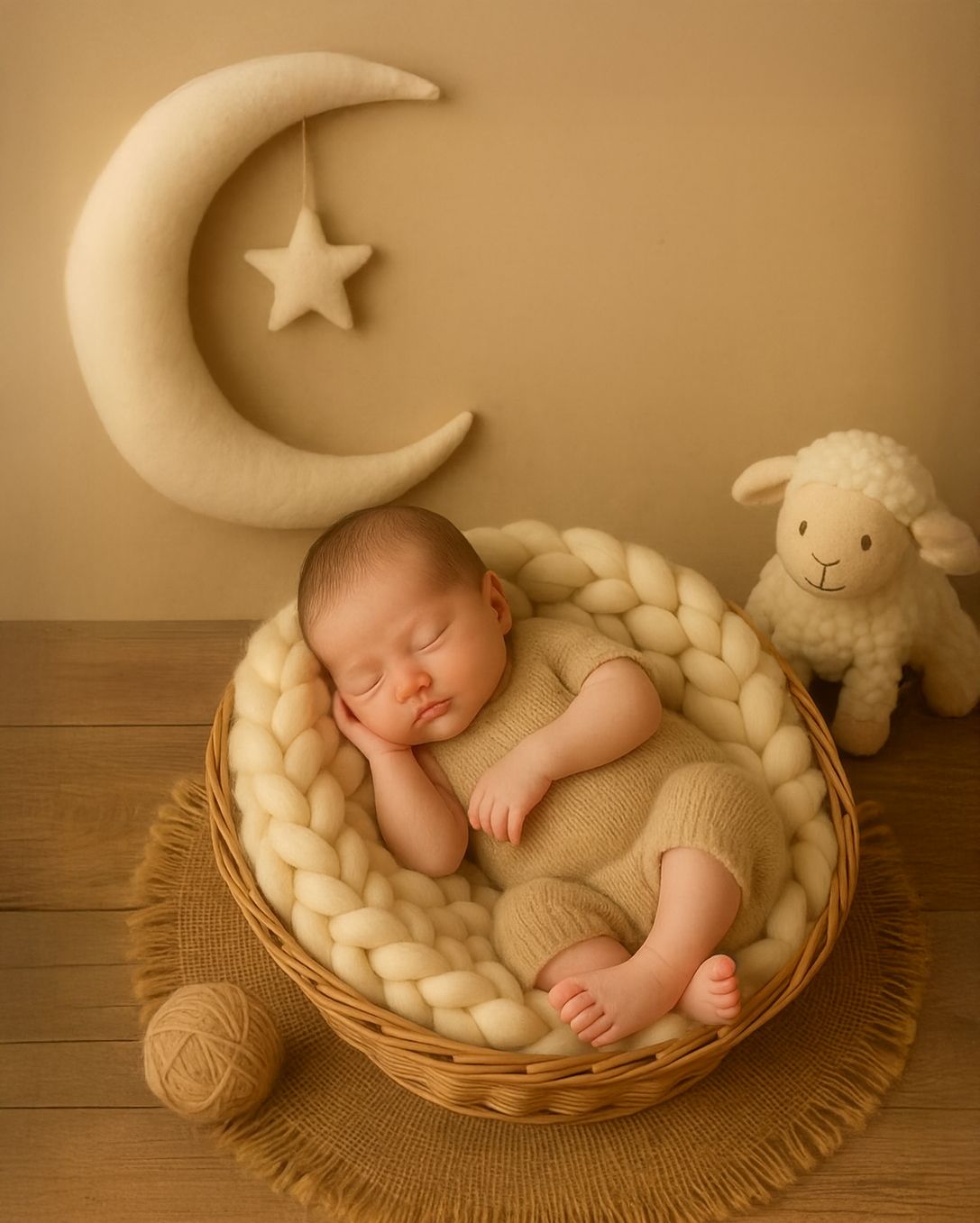 Sleeping baby in pink knit outfit and mouse hat, holding a stuffed toy, in a small chair Jelena's Photo.