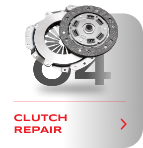 Clutch repair service advertisement: Clutch assembly parts with a red